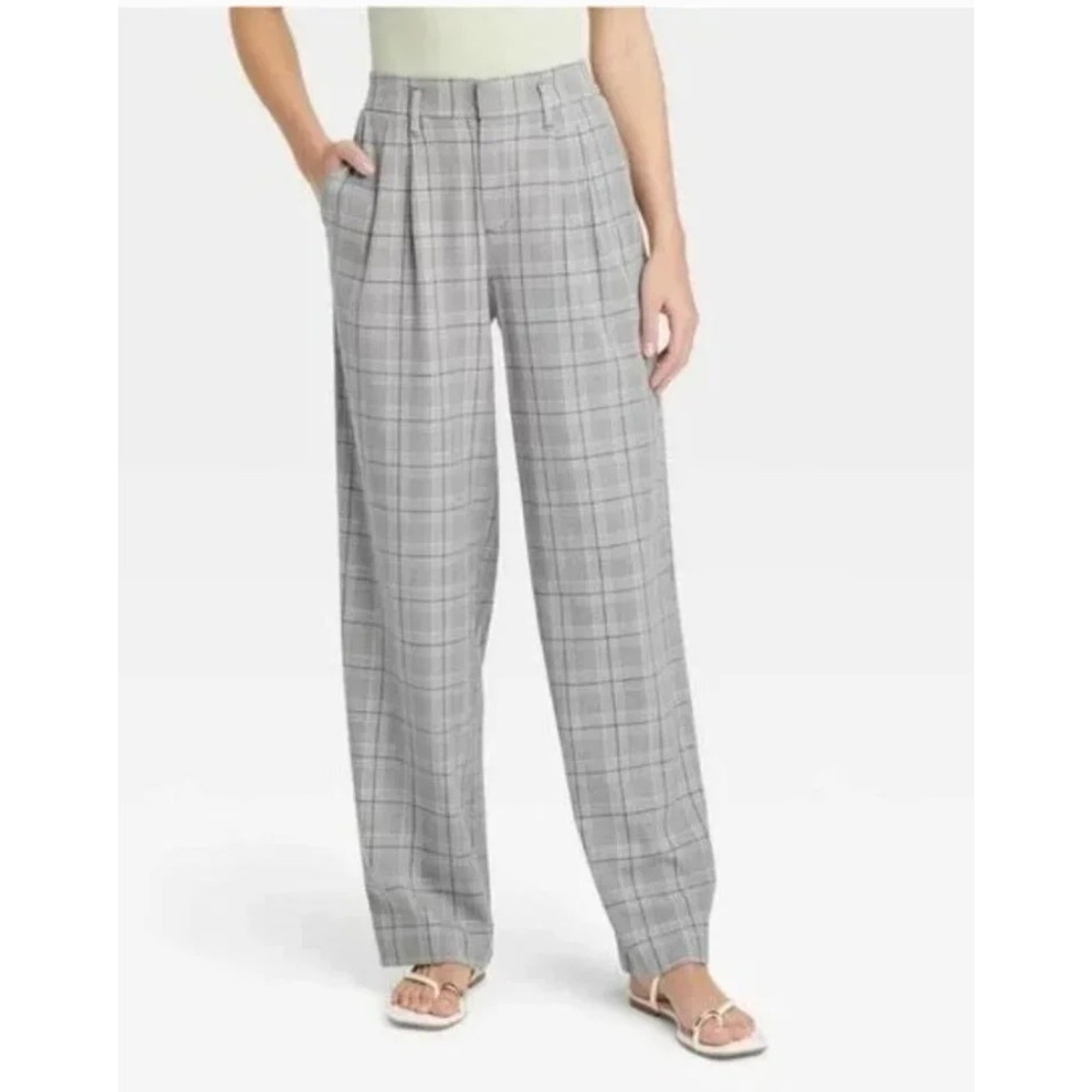 A New Day Grey Glen Plaid Pleated High Rise Tapered Trousers Pants Size 6 NWT
